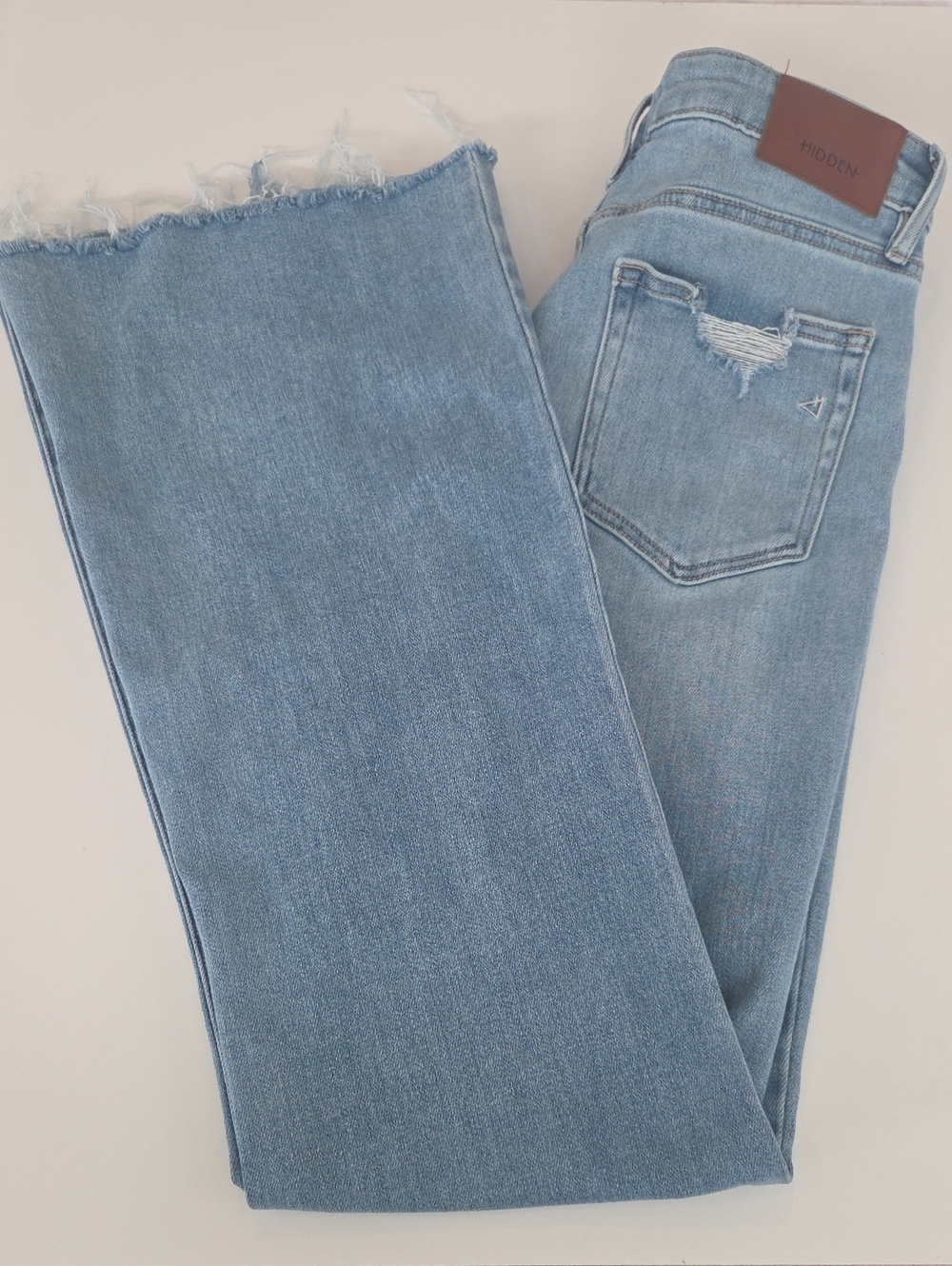 Hidden Light Blue High-Rise Distressed Wide-Leg Denim Jeans with Frayed Hem 30